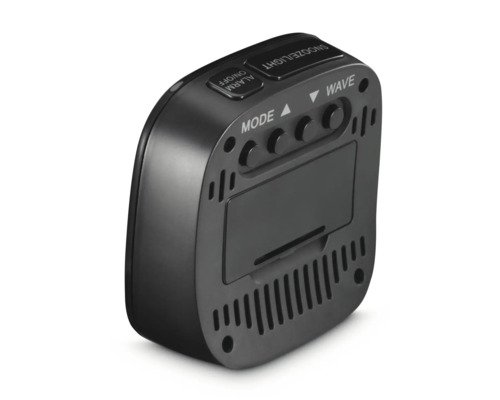 Zwarte digitale radiowekker met knoppen voor het instellen van modus, alarm en snooze-functie.