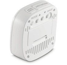 Witte digitale wekker met knoppen voor het instellen van alarm, snooze en modus