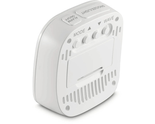 Witte digitale wekker met knoppen voor het instellen van alarm, snooze en modus