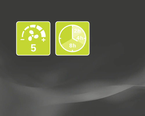 Symbool voor vijf snelheden en timerfunctie met twee, vier en acht uur