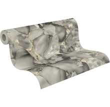 Rol vliesbehang met marmerlook in grijs en goud.