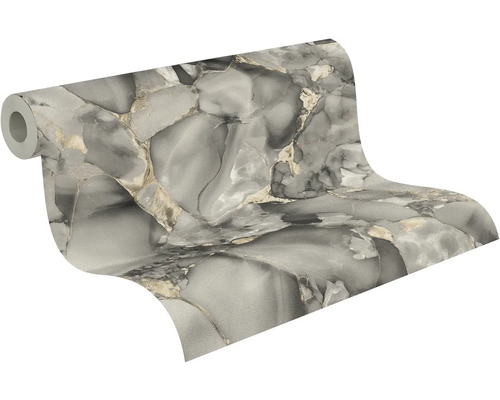 Rol vliesbehang met marmerlook in grijs en goud.