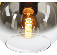 Close-up van een hanglamp met glazen behuizing en een gloeiende lichtbron.