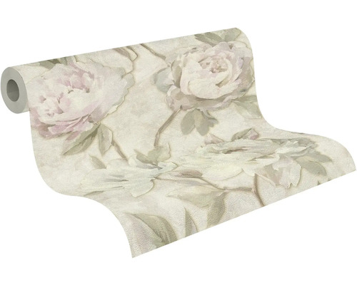 Vliesbehang met groot bloemenpatroon van pioenrozen in vintage stijl op een rol.