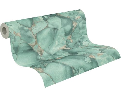 Vliesbehang met marmerlook in turquoise met metallic accenten, gestructureerd oppervlak.