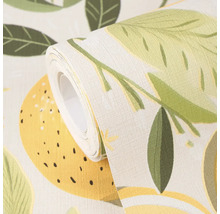 Vliesbehang met citroen- en bladerenpatroon, gestructureerd oppervlak, rol.