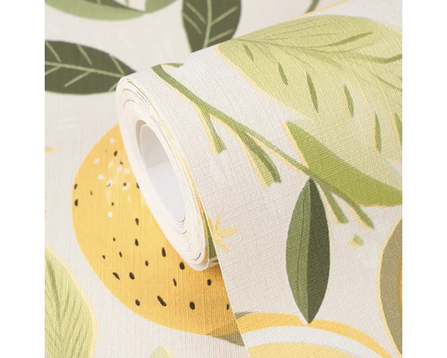 Vliesbehang met citroen- en bladerenpatroon, gestructureerd oppervlak, rol.