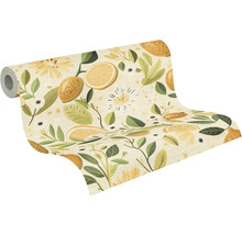 Vliesbehang met citroenpatroon, met daarop hele citroenen, schijfjes citroen, bladeren en bloemen.