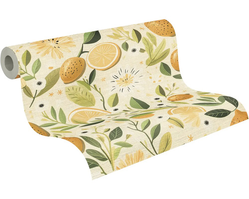 Vliesbehang met citroenpatroon, met daarop hele citroenen, schijfjes citroen, bladeren en bloemen.