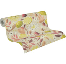 Behangrol met botanisch patroon van citroenen, bloemen en bladeren.
