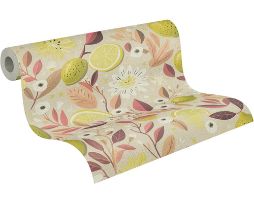 Behangrol met botanisch patroon van citroenen, bloemen en bladeren.