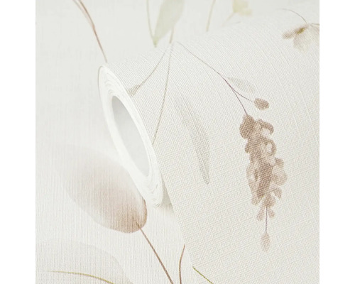 Getextureerd vliesbehang met floraal patroon van stengels en bladeren.