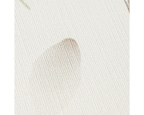 Detailopname van een wandbekleding met een linnenstructuur en een subtiel bladpatroon.