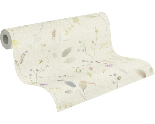 Vliesbehang met fijn floraal aquarelpatroon van grassen en kleine bloemen op een lichte ondergrond met structuur.