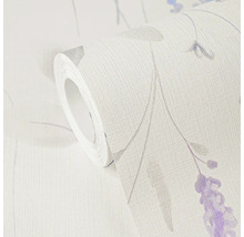 Vliesbehang met lavendelmotief en fijne structuur op een rol.