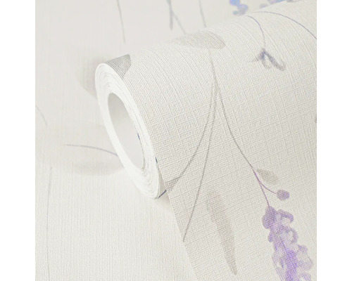 Vliesbehang met lavendelmotief en fijne structuur op een rol.