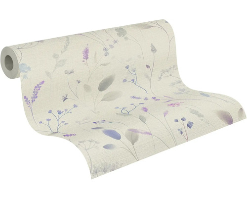 Vliesbehang met floraal patroon van grassen en lila bloemen in aquareloptiek op gestructureerd oppervlak.