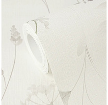 Vliesbehang op rol met linnenstructuur en bloemenpatroon van grassen en bloemen.