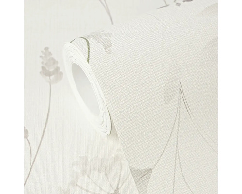 Vliesbehang op rol met linnenstructuur en bloemenpatroon van grassen en bloemen.