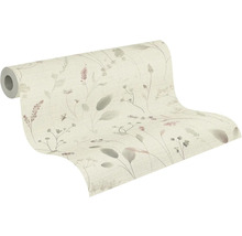 Rol gestructureerd vliesbehang met een botanisch patroon van verfijnde bloemen en bladeren.