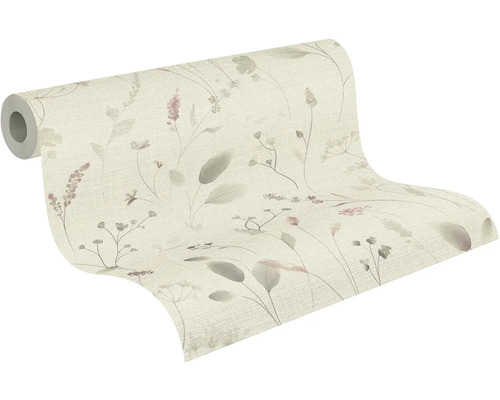 Rol gestructureerd vliesbehang met een botanisch patroon van verfijnde bloemen en bladeren.