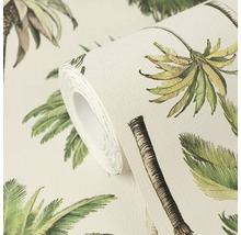 Vliesbehang met palmboompatroon in groen en bruin, afgebeeld als rol.