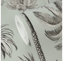 Vliesbehang met palmenpatroon in getekende stijl.