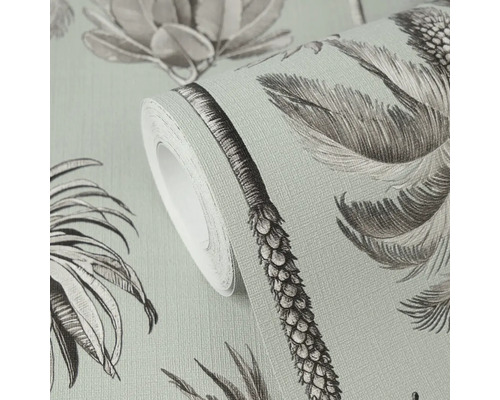 Vliesbehang met palmenpatroon in getekende stijl.