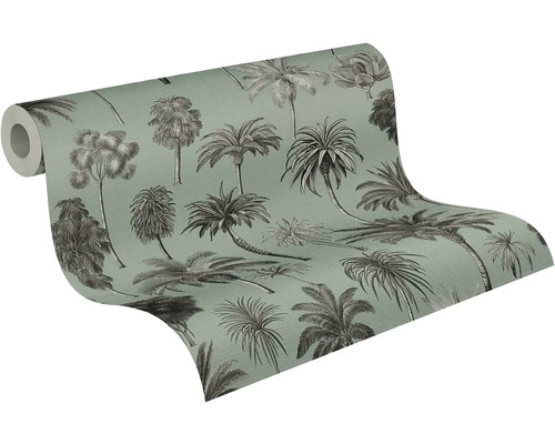 Gedeeltelijk afgerolde vliesbehang met tropisch palmenpatroon