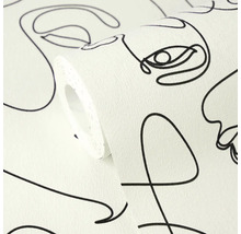 Vliesbehang met abstract gezichtenpatroon in line-art stijl, gestructureerd oppervlak, behangrol.