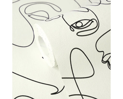 Vliesbehang met abstract gezichtenpatroon in line-art stijl, gestructureerd oppervlak, behangrol.