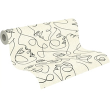 Vliesbehang met line-art patroon van zwarte gezichten op een lichte ondergrond, behangrol.