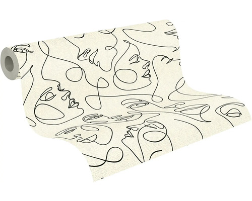 Vliesbehang met line-art patroon van zwarte gezichten op een lichte ondergrond, behangrol.