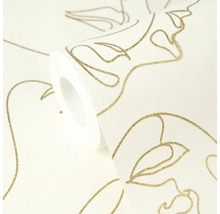 Vliesbehang met goudkleurig, abstract gezichtspatroon in line-art-stijl.