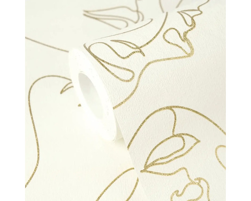 Vliesbehang met goudkleurig, abstract gezichtspatroon in line-art-stijl.