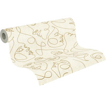 Vliesbehang met lijnkunstmotief van gezichten in goudoptiek op een beige ondergrond.