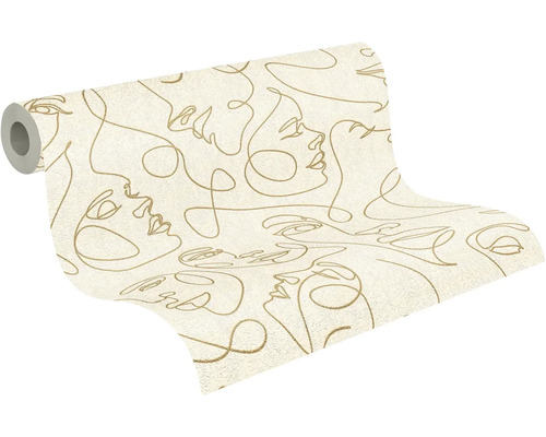Vliesbehang met lijnkunstmotief van gezichten in goudoptiek op een beige ondergrond.