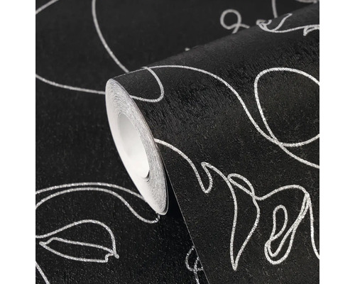 Getextureerde behangrol in zwart met een zilverkleurig bloemenpatroon.