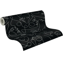 Vliesbehang met abstracte witte getekende gezichten in lijnkunst op een zwarte ondergrond.