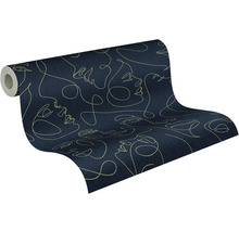Vliesbehang met lijntekening van gezichten, donkerblauw met goudkleurige lijnen.