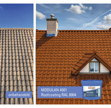 Voor-en-na-weergave van een dak behandeld met Modulan 4501 dakcoating RAL 8004