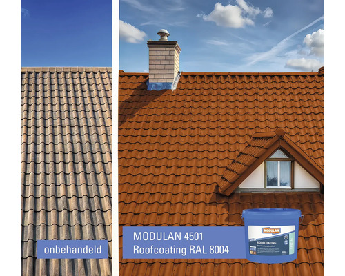 Voor-en-na-weergave van een dak behandeld met Modulan 4501 dakcoating RAL 8004