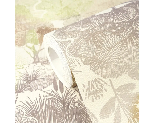 Behangrol met natuurmotief, landschap met bomen en grassen, gestructureerd oppervlak