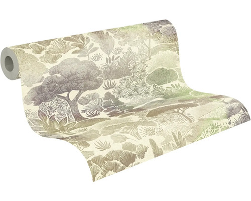 Gedeeltelijk afgerold behang met een botanisch natuurpatroon van bomen, planten en heuvels in een geschetste stijl.