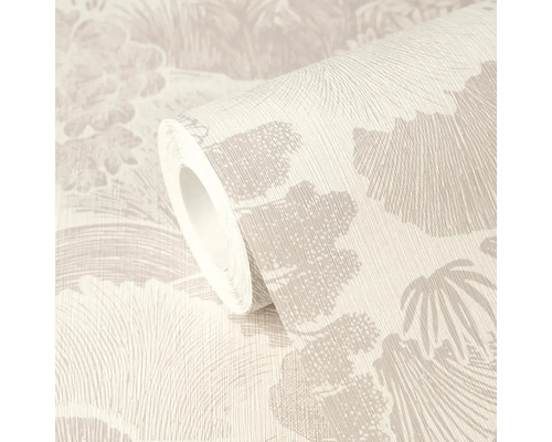 Behangrol met natuurpatroon van bladeren en planten, gestructureerd oppervlak met fijne verticale lijnen, beige tinten.