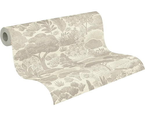 Gedeeltelijk afgerolde beige behangrol met bospatroon en botanische illustraties van bomen en planten.