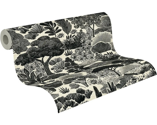 Vliesbehang met een zwart-wit landschapsmotief met bomen en heuvels.