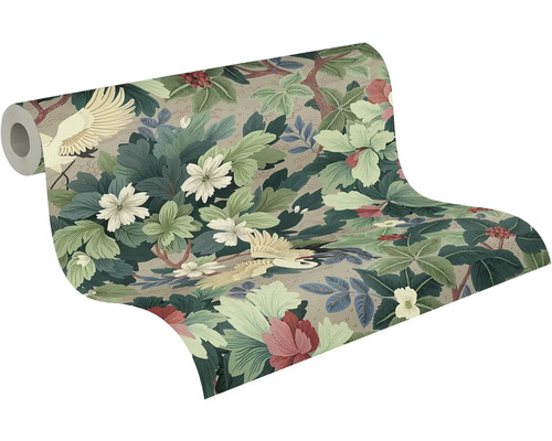 Vliesbehang met botanisch patroon van kraanvogels, bloesems en bladeren.