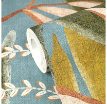 Rol vliesbehang met abstract bladpatroon en fijne linnenstructuur.