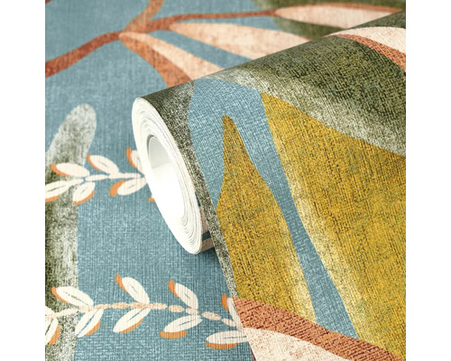 Rol vliesbehang met abstract bladpatroon en fijne linnenstructuur.